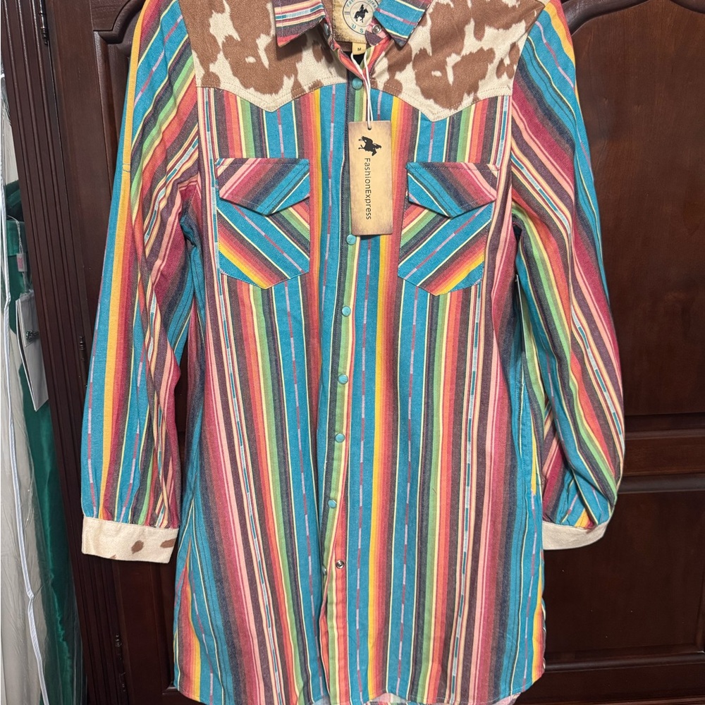 NWT Serape and Cow Print Western Shirt Dress